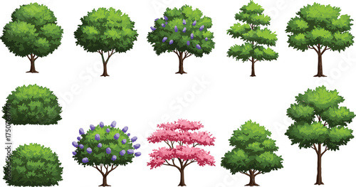 Colorful collection of cartoon trees and bushes, including green, flowering, and pink blossom varieties, ideal for landscape design, games, and nature illustrations.
