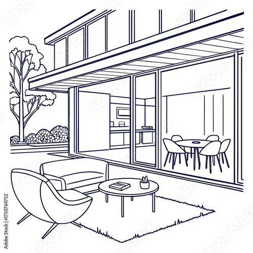 Modern architectural line drawing of a contemporary home with open concept living space patio furniture and lush garden landscaping