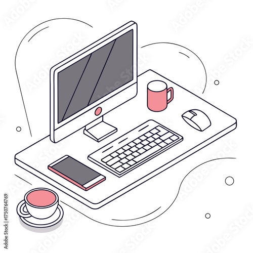 Modern isometric illustration of a clean and organized desk setup featuring a computer monitor keyboard mouse smartphone and coffee cup perfect for remote work or office environments