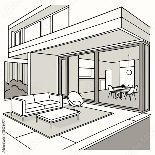 Modern architectural illustration of a multi story house with an open plan living area and outdoor patio featuring contemporary furniture and dining space