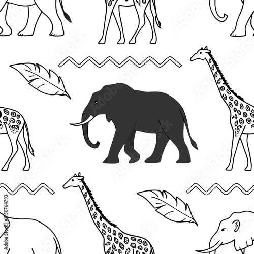Seamless pattern featuring a central dark grey elephant surrounded by outline drawings of giraffes feathers and zig zag lines on a white background