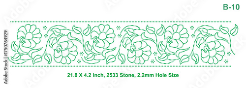 Rhinestone hotfix transfer seamless floral lace border design, perfect for ladies' suits, sarees, and other clothing materials, 2.2 mm or 6 ss stone hole size.