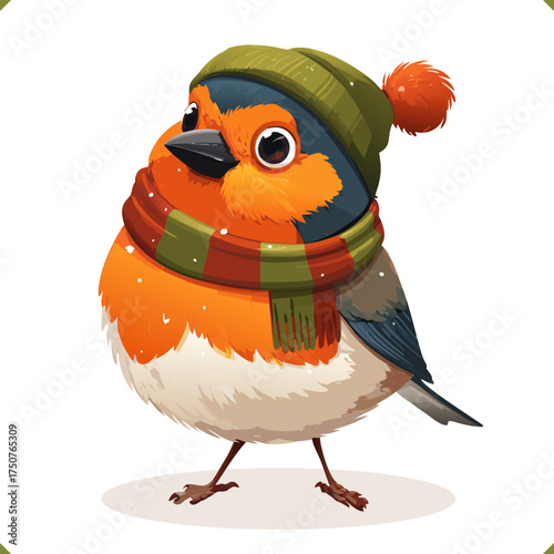 Vector illustration of cute winter bird wearing warm hat and scarf with snowflakes, isolated on a white background, perfect for holiday cards and kids designs
