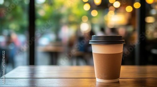 Paper coffee cup on wooden table, cafe background