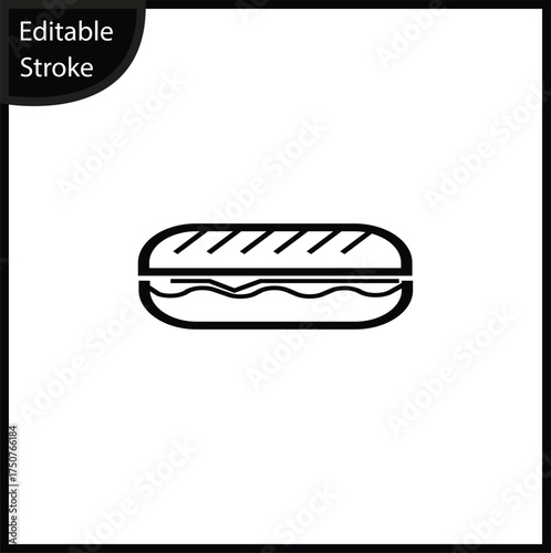 A simple line icon of a sub sandwich or baguette, showing the bread and filling, centered on a white background. This clean, editable stroke symbol represents lunch, fast food, catering or hunger.