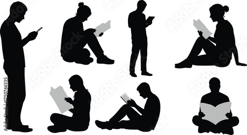 reading silhouette, digital device, book lover, smartphone user, tablet reader, newspaper reading, education concept, knowledge learning, study posture, modern lifestyle