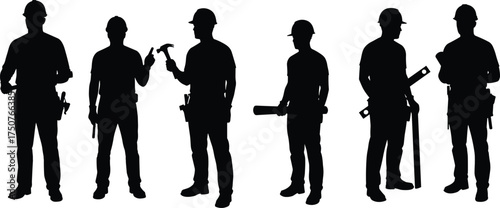 construction worker silhouette, builder tools, hard hat safety, industrial labor, teamwork crew, engineering jobsite, skilled trades, construction industry, workforce strength, occupational safety