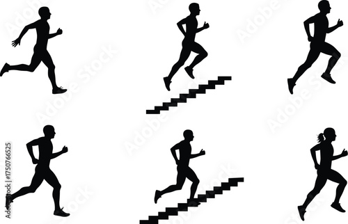 Running silhouette, athlete exercise, fitness training, stair climbing, stair descending, jogging posture, sports activity, workout motion, human movement, active lifestyle
