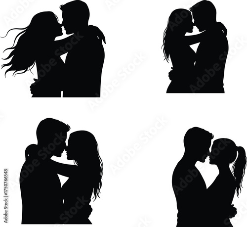 Silhouettes of couples and individuals in emotional moments, showing love, affection, handshake, intimacy, friendship, and romantic relationships on white background