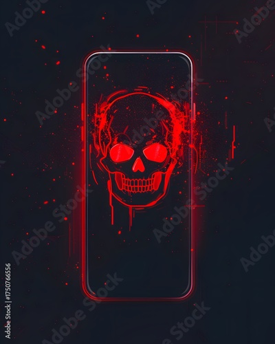 Skull on smartphone screen cyber danger concept – digital security threat, hacker virus warning, malware attack background