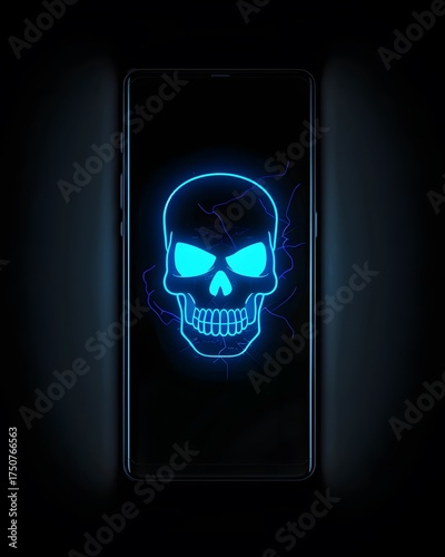Skull on smartphone screen cyber danger concept – digital security threat, hacker virus warning, malware attack background