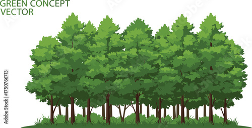Lush green forest illustration, dense trees with foliage, nature conservation concept, eco-friendly environment, green landscape vector, sustainable forest background