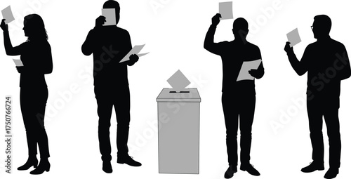 Silhouettes of People Voting at Ballot Box, Democratic Election Process, Citizens Participating in Voting Process, Concept of Democracy and Political Engagement