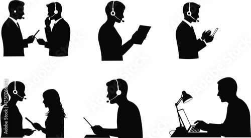 Silhouette customer service team using headsets, working with devices, communicating, providing technical support and remote assistance in modern office setup