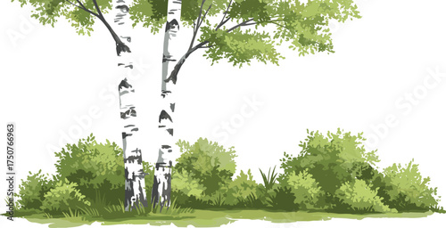 Scenic birch trees with lush green foliage, natural forest background, vibrant summer landscape, ideal for nature themes, environmental projects, or outdoor concepts.