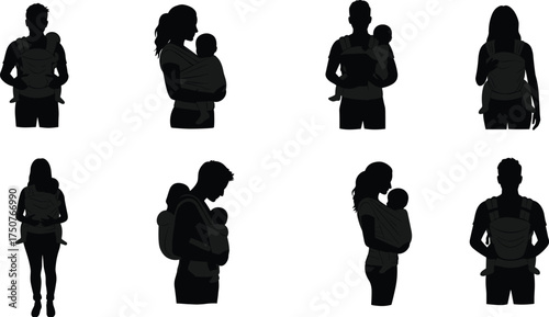 PrintSilhouette of parents carrying babies in baby carriers, family bonding, parental care, father and mother with infant, babywearing, modern parenting lifestyle