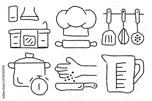 Kitchen and Food Vector Icon Set. Hand Drawn, Perfect for Cooking Apps, Web, and Mobile Interfaces on White Background