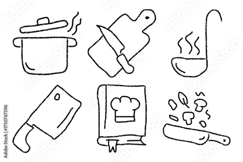 Hand Drawn Cooking Icon Pack. Vector Kitchen Tools, Chef, Bowl, Knife, and Baking Equipment Illustration White Background