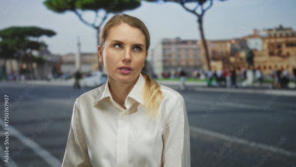 Fototapeta premium Woman outdoors in a city street with trees and buildings in the background, wearing a white shirt, blonde hair, and appearing thoughtful during the day.