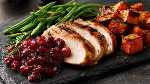 Roasted Turkey with Cranberry Sauce on Slate