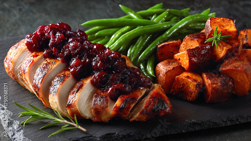 Roasted Turkey with Cranberry Sauce on Slate