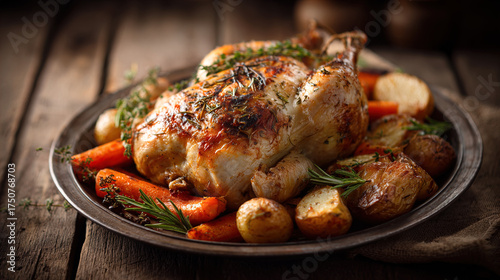 Roasted Chicken with Herbs on Rustic Wood