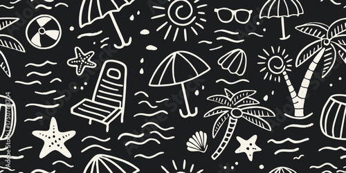 Whimsical hand drawn doodle pattern of summer beach vacation elements on a dark background
