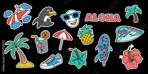 Collection of fun and colorful summer vacation stickers featuring aloha theme and tropical elements