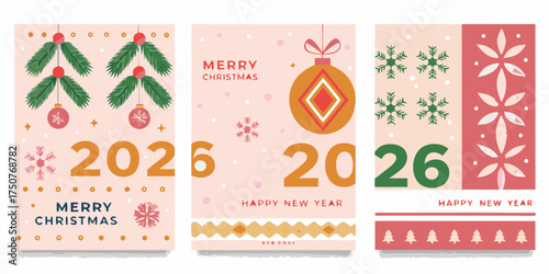 Set of three modern and festive christmas and new year greeting cards with the year 2026