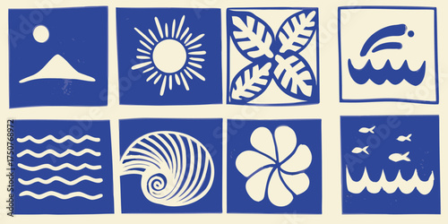Collection of eight simple blue and cream graphic icons representing nature and tropical themes