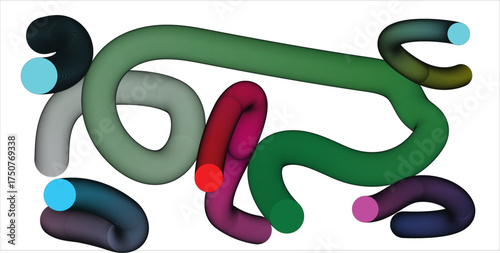 Abstract 3d rendering of colorful interconnected organic tube shapes with textured surfaces and glowing ends