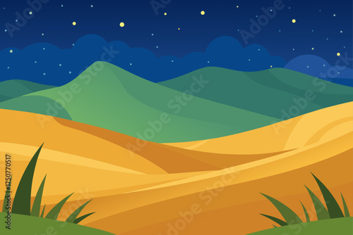 Rolling grassy dunes under a starry night sky vector illustration