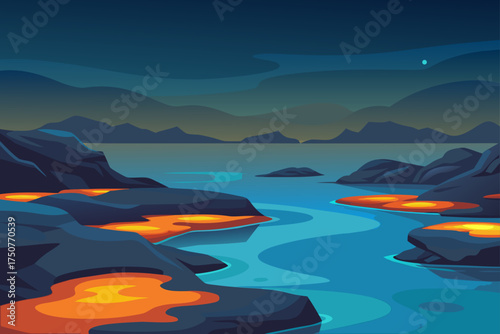 Glowing tide pools on rocky shoreline at dusk vector illustration