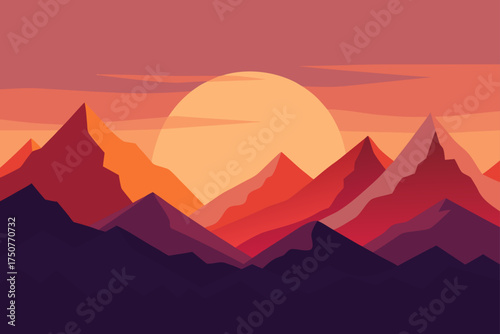 Vibrant sunset panorama over jagged mountain range vector illustration