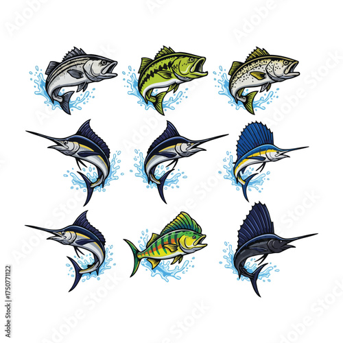 Collection of nine jumping fish illustrations with water splashes fishing saltwater fish