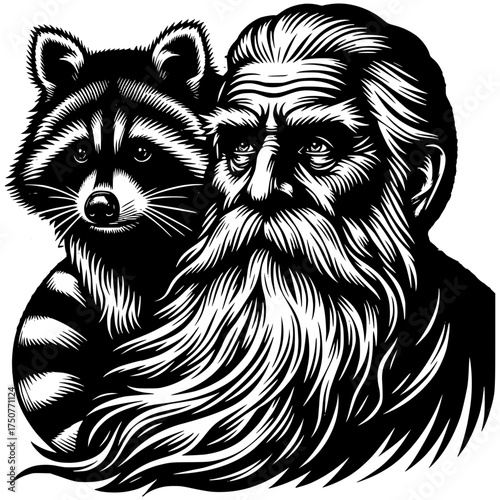 Wise Old Man and Raccoon: A whimsical illustration of a wise old man with a long beard and a playful raccoon, rendered in intricate detail to evoke a sense of wisdom and natural companionship.