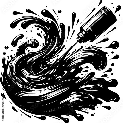 Ink Flow Artistic Illustration: A dynamic illustration of flowing black ink erupting from a bottle, creating an artistic swirl of liquid motion.