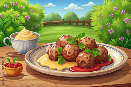 Swedish meatballs with creamy sauce and mashed potatoes vector iconic Scandinavian comfort dish.