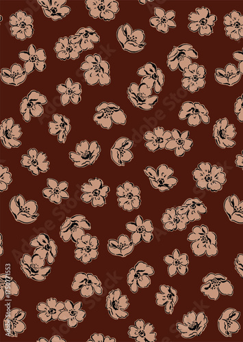 Abstract solid vector textile design, arrangement with dual-tone medium block contour of hibiscus flower, all-over seamless pattern with orange and red tone color illustration, digital image prints