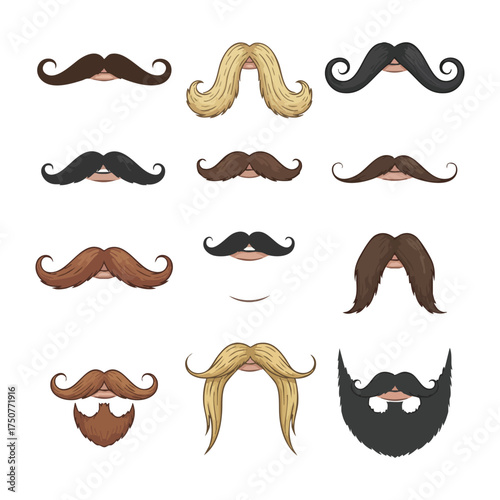 Collection of twelve diverse cartoon mustaches and beards in various colors facial hair