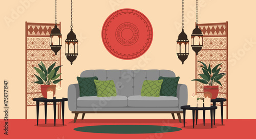 A cozy living room with a grey sofa adorned with green pillows and two side tables holding plants and candles.