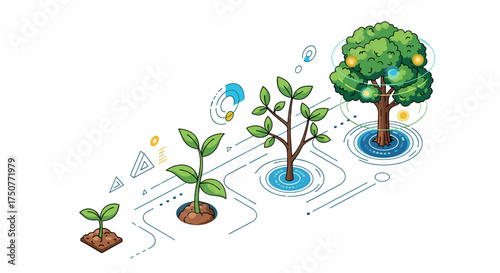 Illustrating the natural growth and development of a tree from a seedling to a mature fruiting plant.