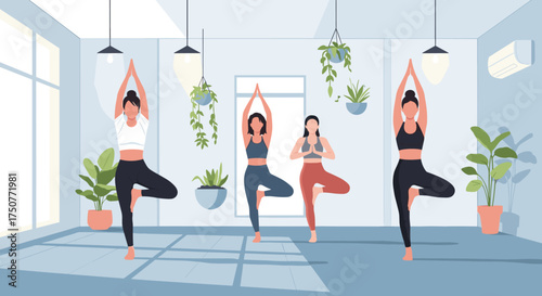 Four women practice yoga tree pose in a well-lit studio with plants.