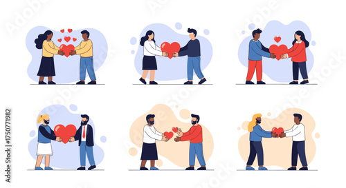 Diverse couples share love and affection with heart symbols in these illustrations.