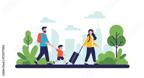 A family of three walks down a path with trees and buildings in the background.
