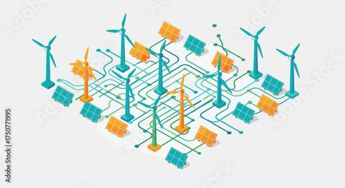 Sustainable energy integration concept with solar panels and wind turbines connected via a network.