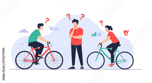 Three people on bicycles with question marks above their heads illustrating a dilemma.