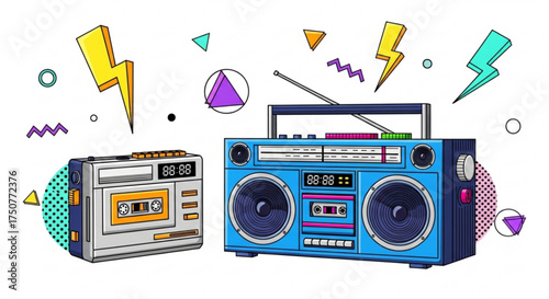Nostalgic 80sinspired illustration featuring a boombox and cassette player surrounded by geometric shapes and lightning bolts