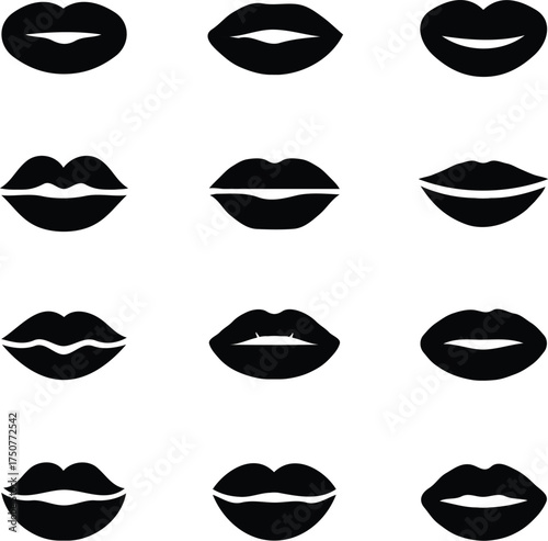 Clean black and white vector illustration of lip icons like 1.eps