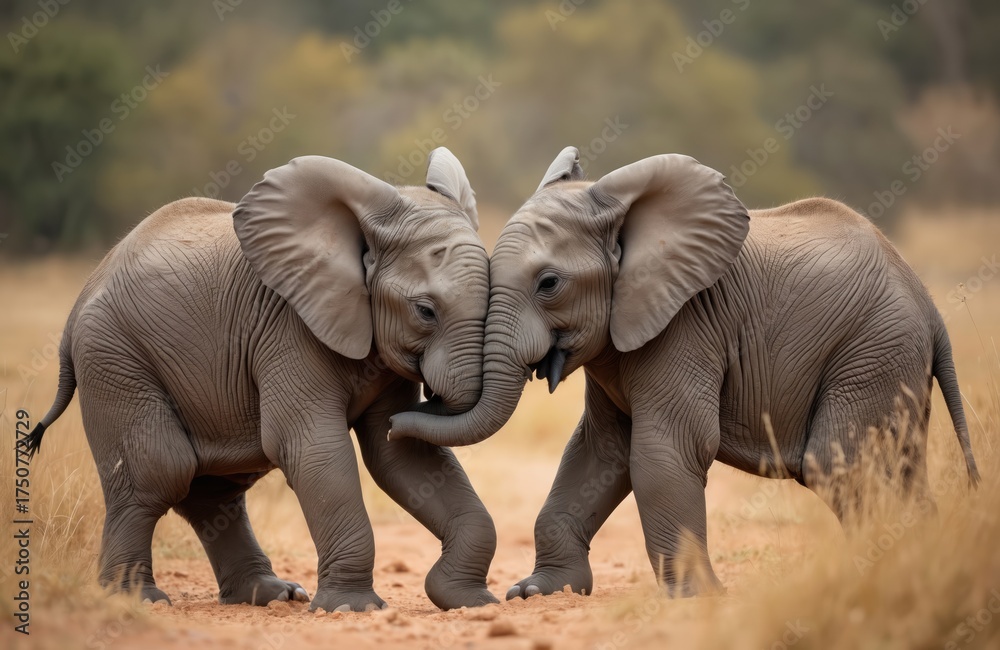 Fototapeta premium Two young elephants tenderly embrace using their trunks. Siblings interact playfully in a savanna landscape. Their gentle touch shows a special bond in the wild African habitat.